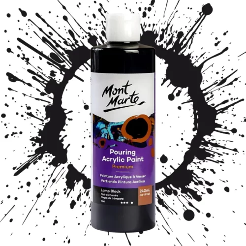 Lamp Black Mont Marte Pouring Acrylic 240ml is in the centre of the image. the bottle is facing the front with the label clearly showing the name and colour of the product. the label is purple with and orange circle on the top right hand side of it. the bottle is sitting on a paint splat circle made of the same colour of the paint inside the bottle. in the centre of the image on a white background.