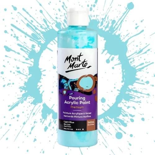 Light Blue Mont Marte Pouring Acrylic 240ml is in the centre of the image. the bottle is facing the front with the label clearly showing the name and colour of the product. the label is purple with and orange circle on the top right hand side of it. the bottle is sitting on a paint splat circle made of the same colour of the paint inside the bottle. in the centre of the image on a white background.