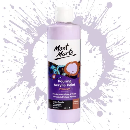 Light Purple Mont Marte Pouring Acrylic 240ml is in the centre of the image. the bottle is facing the front with the label clearly showing the name and colour of the product. the label is purple with and orange circle on the top right hand side of it. the bottle is sitting on a paint splat circle made of the same colour of the paint inside the bottle. in the centre of the image on a white background.