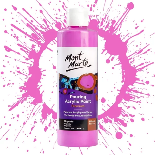 Magenta Mont Marte Pouring Acrylic 240ml is in the centre of the image. the bottle is facing the front with the label clearly showing the name and colour of the product. the label is purple with and orange circle on the top right hand side of it. the bottle is sitting on a paint splat circle made of the same colour of the paint inside the bottle. in the centre of the image on a white background.