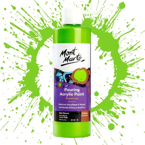 Mid Green Mont Marte Pouring Acrylic 240ml is in the centre of the image. the bottle is facing the front with the label clearly showing the name and colour of the product. the label is purple with and orange circle on the top right hand side of it. the bottle is sitting on a paint splat circle made of the same colour of the paint inside the bottle. in the centre of the image on a white background.