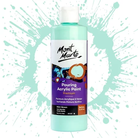 Mint Green Mont Marte Pouring Acrylic 240ml is in the centre of the image. the bottle is facing the front with the label clearly showing the name and colour of the product. the label is purple with and orange circle on the top right hand side of it. the bottle is sitting on a paint splat circle made of the same colour of the paint inside the bottle. in the centre of the image on a white background.