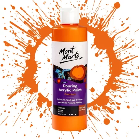 Orange Mont Marte Pouring Acrylic 240ml is in the centre of the image. the bottle is facing the front with the label clearly showing the name and colour of the product. the label is purple with and orange circle on the top right hand side of it. the bottle is sitting on a paint splat circle made of the same colour of the paint inside the bottle. in the centre of the image on a white background.