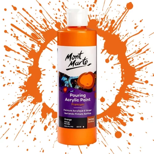 Orange Mont Marte Pouring Acrylic 240ml is in the centre of the image. the bottle is facing the front with the label clearly showing the name and colour of the product. the label is purple with and orange circle on the top right hand side of it. the bottle is sitting on a paint splat circle made of the same colour of the paint inside the bottle. in the centre of the image on a white background.