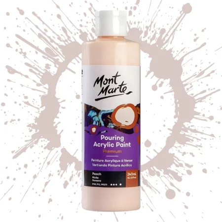 Peach Mont Marte Pouring Acrylic 240ml is in the centre of the image. the bottle is facing the front with the label clearly showing the name and colour of the product. the label is purple with and orange circle on the top right hand side of it. the bottle is sitting on a paint splat circle made of the same colour of the paint inside the bottle. in the centre of the image on a white background.