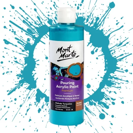 Phthalo Turquoise Mont Marte Pouring Acrylic 240ml is in the centre of the image. the bottle is facing the front with the label clearly showing the name and colour of the product. the label is purple with and orange circle on the top right hand side of it. the bottle is sitting on a paint splat circle made of the same colour of the paint inside the bottle. in the centre of the image on a white background.