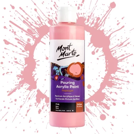 Pink Mont Marte Pouring Acrylic 240ml is in the centre of the image. the bottle is facing the front with the label clearly showing the name and colour of the product. the label is purple with and orange circle on the top right hand side of it. the bottle is sitting on a paint splat circle made of the same colour of the paint inside the bottle. in the centre of the image on a white background.