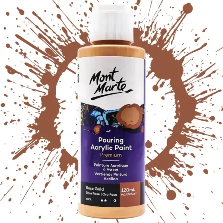 Rose Gold Mont Marte Pouring Acrylic 120ml is in the centre of the image. the bottle is facing the front with the label clearly showing the name and colour of the product. the label is purple with and orange circle on the top right hand side of it. the bottle is sitting on a paint splat circle made of the same colour of the paint inside the bottle. in the centre of the image on a white background.