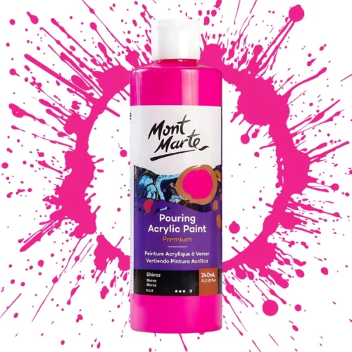 Shiraz Mont Marte Pouring Acrylic 240ml is in the centre of the image. the bottle is facing the front with the label clearly showing the name and colour of the product. the label is purple with and orange circle on the top right hand side of it. the bottle is sitting on a paint splat circle made of the same colour of the paint inside the bottle. in the centre of the image on a white background.