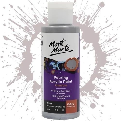 Silver Mont Marte Pouring Acrylic 120ml is in the centre of the image. the bottle is facing the front with the label clearly showing the name and colour of the product. the label is purple with and orange circle on the top right hand side of it. the bottle is sitting on a paint splat circle made of the same colour of the paint inside the bottle. in the centre of the image on a white background.