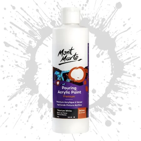 Titanium White Mont Marte Pouring Acrylic 240ml is in the centre of the image. the bottle is facing the front with the label clearly showing the name and colour of the product. the label is purple with and orange circle on the top right hand side of it. the bottle is sitting on a paint splat circle made of the same colour of the paint inside the bottle. in the centre of the image on a white background.