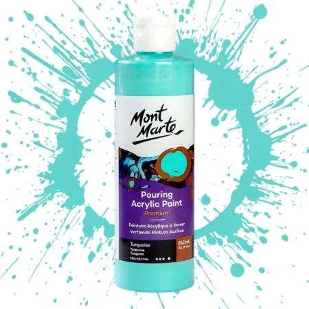 Turquoise Mont Marte Pouring Acrylic 240ml is in the centre of the image. the bottle is facing the front with the label clearly showing the name and colour of the product. the label is purple with and orange circle on the top right hand side of it. the bottle is sitting on a paint splat circle made of the same colour of the paint inside the bottle. in the centre of the image on a white background.