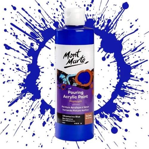 Ultramarine Blue Mont Marte Pouring Acrylic 240ml is in the centre of the image. the bottle is facing the front with the label clearly showing the name and colour of the product. the label is purple with and orange circle on the top right hand side of it. the bottle is sitting on a paint splat circle made of the same colour of the paint inside the bottle. in the centre of the image on a white background.