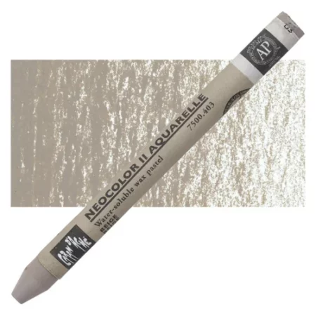 Beige Neocolor II Watersoluble Oil Pastell is sitting horizontally across the image. with the tip of the pastel facing the bottom left hand side corner of the image and the bottom of the pastel facing the top right hand corner of the image. ht e pastel has its cover on it which matches the colour of the pastel itself. it has black writing on it describing the product and a black thick line at the top and bottom of it. it is lying on top of a vertical stripe of the same colour that is in the centre of the image. showing the colour of the pastel. it is on a white background.