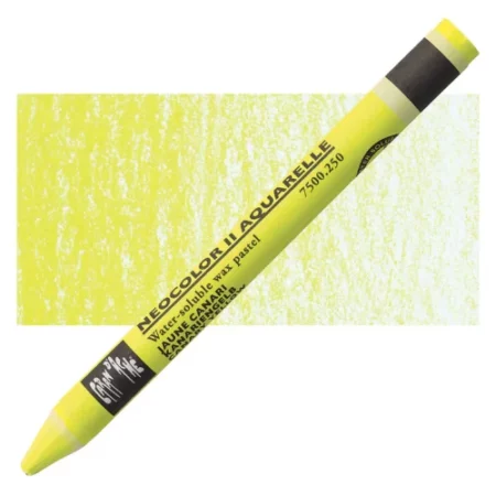 Canary Yellow Neocolor II Watersoluble Oil Pastell is sitting horizontally across the image. with the tip of the pastel facing the bottom left hand side corner of the image and the bottom of the pastel facing the top right hand corner of the image. ht e pastel has its cover on it which matches the colour of the pastel itself. it has black writing on it describing the product and a black thick line at the top and bottom of it. it is lying on top of a vertical stripe of the same colour that is in the centre of the image. showing the colour of the pastel. it is on a white background.