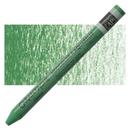 Chromium Oxide Green Neocolor II Watersoluble Oil Pastell is sitting horizontally across the image. with the tip of the pastel facing the bottom left hand side corner of the image and the bottom of the pastel facing the top right hand corner of the image. ht e pastel has its cover on it which matches the colour of the pastel itself. it has black writing on it describing the product and a black thick line at the top and bottom of it. it is lying on top of a vertical stripe of the same colour that is in the centre of the image. showing the colour of the pastel. it is on a white background.