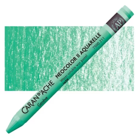 Jade Green Neocolor II Watersoluble Oil Pastell is sitting horizontally across the image. with the tip of the pastel facing the bottom left hand side corner of the image and the bottom of the pastel facing the top right hand corner of the image. ht e pastel has its cover on it which matches the colour of the pastel itself. it has black writing on it describing the product and a black thick line at the top and bottom of it. it is lying on top of a vertical stripe of the same colour that is in the centre of the image. showing the colour of the pastel. it is on a white background.