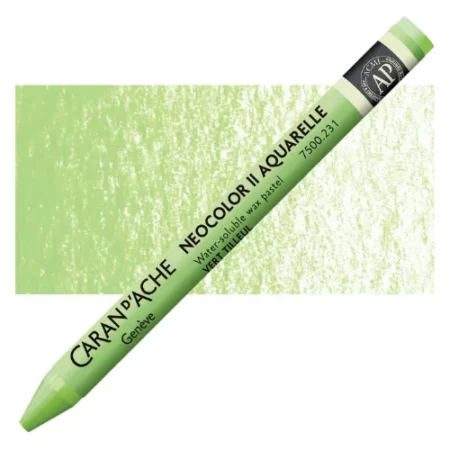 Lime Green Neocolor II Watersoluble Oil Pastell is sitting horizontally across the image. with the tip of the pastel facing the bottom left hand side corner of the image and the bottom of the pastel facing the top right hand corner of the image. ht e pastel has its cover on it which matches the colour of the pastel itself. it has black writing on it describing the product and a black thick line at the top and bottom of it. it is lying on top of a vertical stripe of the same colour that is in the centre of the image. showing the colour of the pastel. it is on a white background.