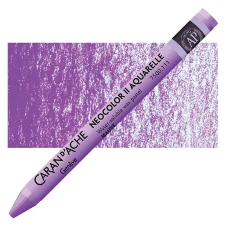 Mauve Neocolor II Watersoluble Oil Pastell is sitting horizontally across the image. with the tip of the pastel facing the bottom left hand side corner of the image and the bottom of the pastel facing the top right hand corner of the image. ht e pastel has its cover on it which matches the colour of the pastel itself. it has black writing on it describing the product and a black thick line at the top and bottom of it. it is lying on top of a vertical stripe of the same colour that is in the centre of the image. showing the colour of the pastel. it is on a white background.