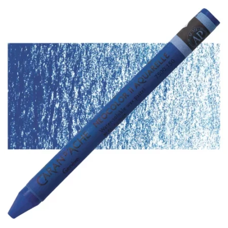 Sapphire Blue Neocolor II Watersoluble Oil Pastell is sitting horizontally across the image. with the tip of the pastel facing the bottom left hand side corner of the image and the bottom of the pastel facing the top right hand corner of the image. ht e pastel has its cover on it which matches the colour of the pastel itself. it has black writing on it describing the product and a black thick line at the top and bottom of it. it is lying on top of a vertical stripe of the same colour that is in the centre of the image. showing the colour of the pastel. it is on a white background.