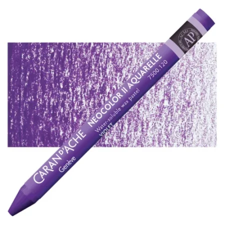 Violet Neocolor II Watersoluble Oil Pastell is sitting horizontally across the image. with the tip of the pastel facing the bottom left hand side corner of the image and the bottom of the pastel facing the top right hand corner of the image. ht e pastel has its cover on it which matches the colour of the pastel itself. it has black writing on it describing the product and a black thick line at the top and bottom of it. it is lying on top of a vertical stripe of the same colour that is in the centre of the image. showing the colour of the pastel. it is on a white background.