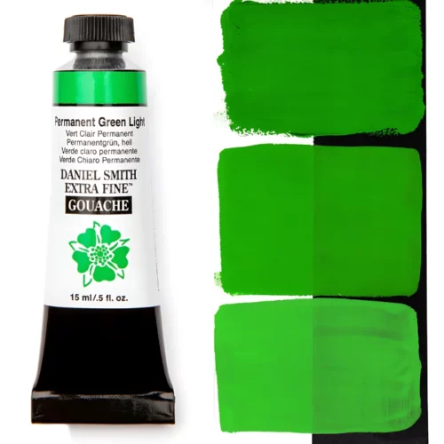 Permanent Green Light Daniel Smith Gouache 15ml S1 is sitting to the left of the image. the tube is black with a white label with the logo and the name and colour details of the product written on it. the lid is black. on the right hand side of it is a black stripe and there are three wipes of paint horizontally on it showing how the paint looks on a white and a black background. the background is white.