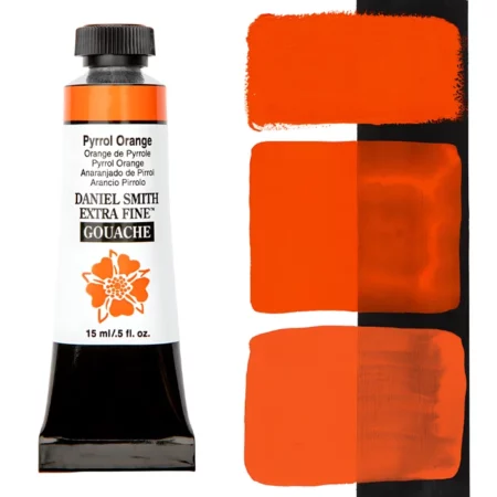 Pyrrol Orange Daniel Smith Gouache 15ml S2 is sitting to the left of the image. the tube is black with a white label with the logo and the name and colour details of the product written on it. the lid is black. on the right hand side of it is a black stripe and there are three wipes of paint horizontally on it showing how the paint looks on a white and a black background. the background is white.