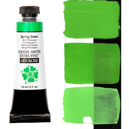 Spring Green Daniel Smith Gouache 15ml S3 is sitting to the left of the image. the tube is black with a white label with the logo and the name and colour details of the product written on it. the lid is black. on the right hand side of it is a black stripe and there are three wipes of paint horizontally on it showing how the paint looks on a white and a black background. the background is white.