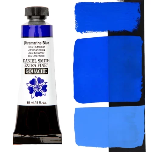 Ultramarine Blue Daniel Smith Gouache 15ml S1 is sitting to the left of the image. the tube is black with a white label with the logo and the name and colour details of the product written on it. the lid is black. on the right hand side of it is a black stripe and there are three wipes of paint horizontally on it showing how the paint looks on a white and a black background. the background is white.