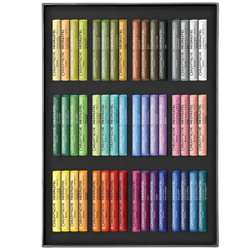 48's Caran D'Ache Neopastel Set is open showing all the 12 pastels that are in the set. they are lying horizontally in the container and are in a rainbow order. they are very bright. they are in the center of the image on a white background