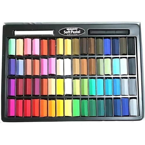 64'S Mungyo Chalk Pastel Set are open in the center of the image. you packaging is black and the pastels are in the box showing off all 64 of the colours. they are arranged in a rainbow fashion. they are on a white background