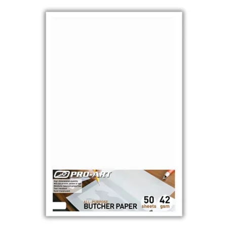 Pro Art Butcher Paper Pack 50 Sheets 42gsm is in the center of the image. the paper pack is in a clear bag and is white on a white background. there is a slight shadow around the whole image to define it better. at the bottom of the paper is a label that is showing what the pack is. it has the name and an image on it of the paper. on a white background