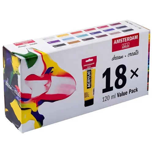 A Amsterdam Standard Series Acrylic Paint Set Value Pack 18's is shown in it's box. The box is white and is printed with the Amsterdam logo and product details and an image of some paint. On a white background.