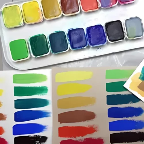 on the bottom of the image is a colour swatch chart of all the gouache colours in a rainbow colour order. above it is a pan set of the paints lined up inside of a white tin