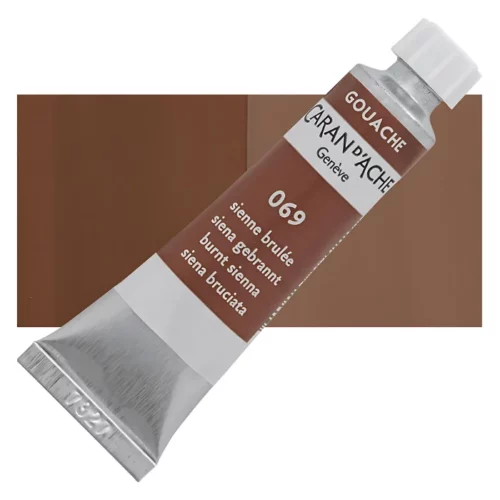 caran-d'ache-gouache-studio-burnt-sienna is shown diagonally across the center of the frame, overlapping a rectangular colour swatch in the background, which denotes the colour of the paint. The tube is silver and has a label around the body of the tube, that is printed in the colour of the paint. The Caran D'Ache logo, Paint Colour and details are printed on the label. The tube has a white plastic screw on cap. On a white background.