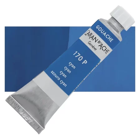 caran-d'ache-gouache-studio-cyan-blue-primary is shown diagonally across the center of the frame, overlapping a rectangular colour swatch in the background, which denotes the colour of the paint. The tube is silver and has a label around the body of the tube, that is printed in the colour of the paint. The Caran D'Ache logo, Paint Colour and details are printed on the label. The tube has a white plastic screw on cap. On a white background.