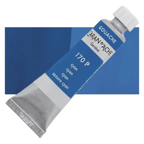 caran-d'ache-gouache-studio-cyan-blue-primary is shown diagonally across the center of the frame, overlapping a rectangular colour swatch in the background, which denotes the colour of the paint. The tube is silver and has a label around the body of the tube, that is printed in the colour of the paint. The Caran D'Ache logo, Paint Colour and details are printed on the label. The tube has a white plastic screw on cap. On a white background.