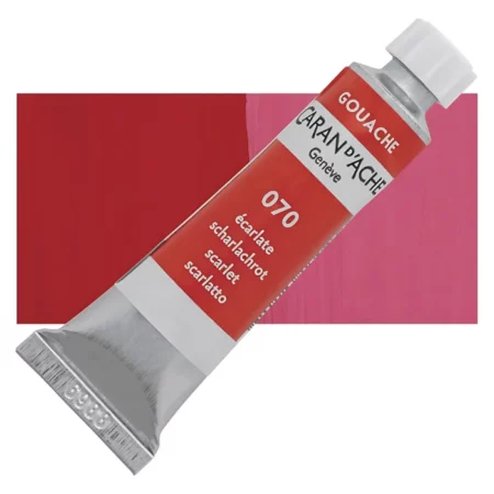 caran-d'ache-gouache-studio-scarlet is shown diagonally across the center of the frame, overlapping a rectangular colour swatch in the background, which denotes the colour of the paint. The tube is silver and has a label around the body of the tube, that is printed in the colour of the paint. The Caran D'Ache logo, Paint Colour and details are printed on the label. The tube has a white plastic screw on cap. On a white background.