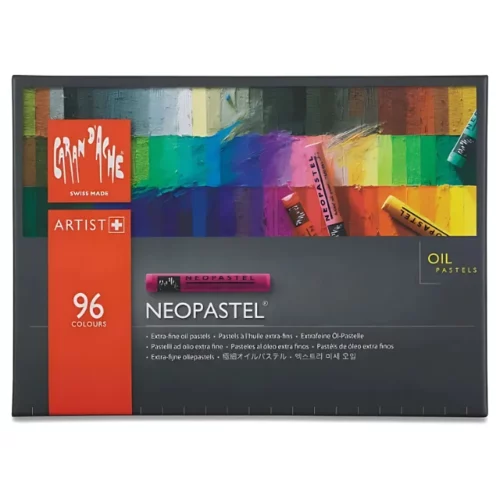 the neo pastel box is in the center of the image. it is a black box and has pastel design on the top section of it. on the left side is a red stripe. on a white background