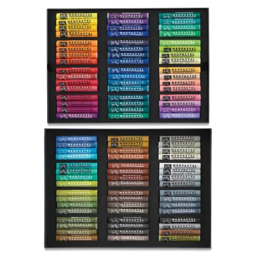 The 2 trays of a Set of 96 Caran D'Ache Neopastels is shown vertically, in the center of the frame. The bottom trays hold the pastels in the set. Each pastel is a different colour and has a paper wrapper around the pastel, that is coloured to match the pigment colour of the pastel. The wrapper has black text describing the pastels colour and has the Caran D'Ache logo printed on it. The box lid is a dark grey cardboard and has an image of the pastels in use printed on it. On a white background.