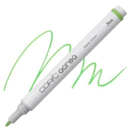 apple green Copic Acrea Paint Marker is sitting diagonally across the image. the tip is facing the left hand side . it has a white body and a silver end with a white tip. it is sitting over a squiggle of the same colour on a white background