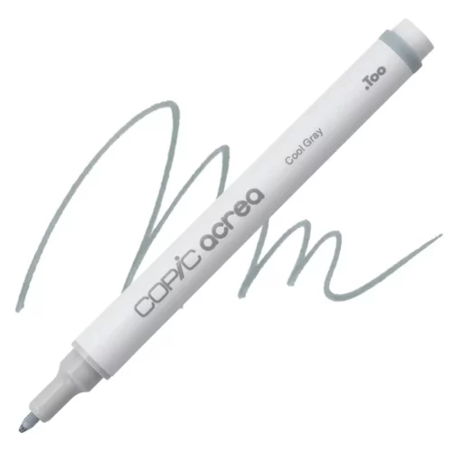 cool grey Copic Acrea Paint Marker is sitting diagonally across the image. the tip is facing the left hand side . it has a white body and a silver end with a white tip. it is sitting over a squiggle of the same colour on a white background