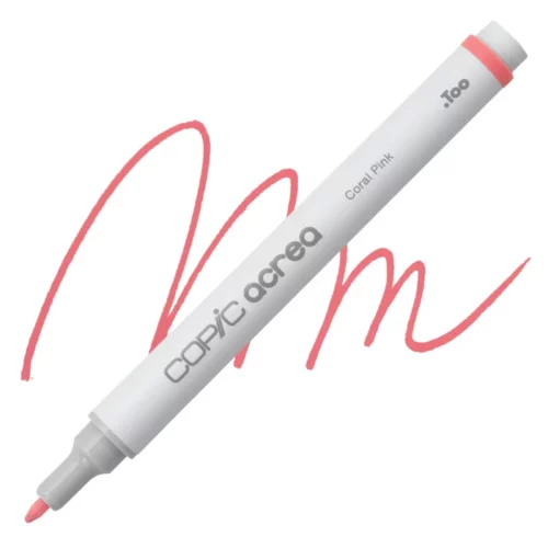 coral pink Copic Acrea Paint Marker is sitting diagonally across the image. the tip is facing the left hand side . it has a white body and a silver end with a white tip. it is sitting over a squiggle of the same colour on a white background