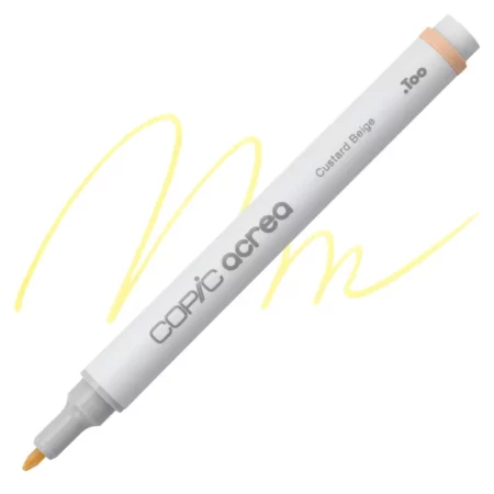 custard beige Copic Acrea Paint Marker is sitting diagonally across the image. the tip is facing the left hand side . it has a white body and a silver end with a white tip. it is sitting over a squiggle of the same colour on a white background