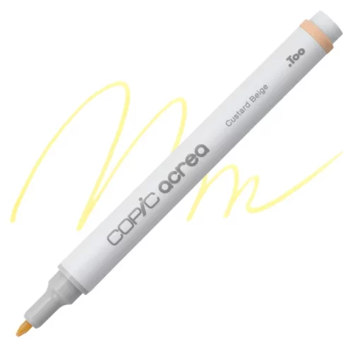 custard beige Copic Acrea Paint Marker is sitting diagonally across the image. the tip is facing the left hand side . it has a white body and a silver end with a white tip. it is sitting over a squiggle of the same colour on a white background