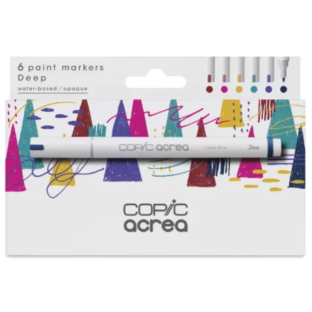 A Copic Acrea Paint Marker Set Deep is shown diagonally in the center of the frame, so you can see the front of the box and one side. There is a picture of a marker on the box and the Copic Acrea logo in the bottom, center of the box. The box is white white an image of coloured triangles printed on it. On a white background.