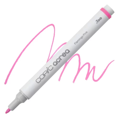 flamingo pink Copic Acrea Paint Marker is sitting diagonally across the image. the tip is facing the left hand side . it has a white body and a silver end with a white tip. it is sitting over a squiggle of the same colour on a white background