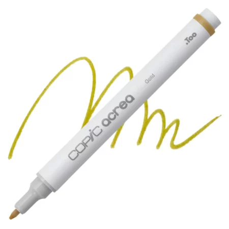 gold Copic Acrea Paint Marker is sitting diagonally across the image. the tip is facing the left hand side . it has a white body and a silver end with a white tip. it is sitting over a squiggle of the same colour on a white background