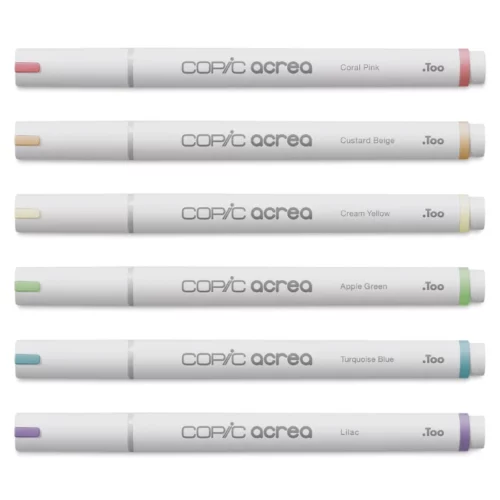 The loose markers from the Copic Acrea Paint Marker Set Light are shown laying horizontally in the center of the frame. The markers are white with a coloured band on the lid and at the base of each marker that denotes the colour of the marker. The Copic logo is printed on the barrel of each marker with the marker colour. They are stacked one below the other and there are 6 markers. On a white background.