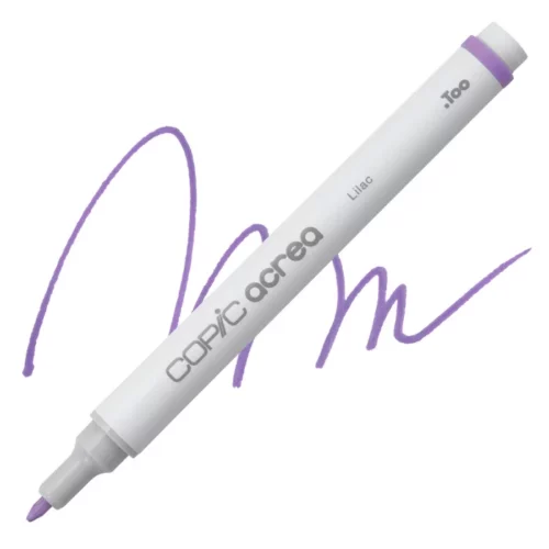 lilac Copic Acrea Paint Marker is sitting diagonally across the image. the tip is facing the left hand side . it has a white body and a silver end with a white tip. it is sitting over a squiggle of the same colour on a white background